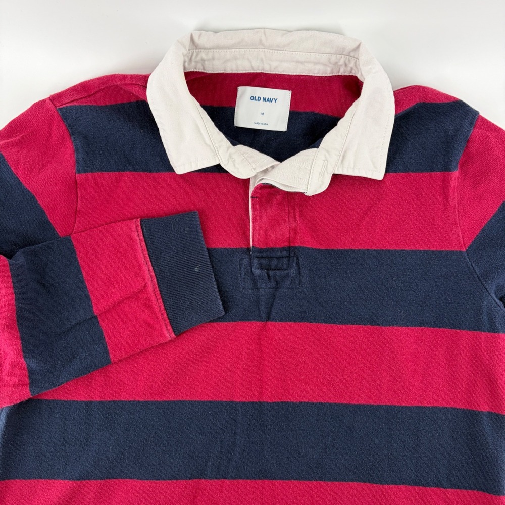 Old Navy Rugby Shirt Mens M Y2K Red Navy Blue Striped Long Sleeve Polo